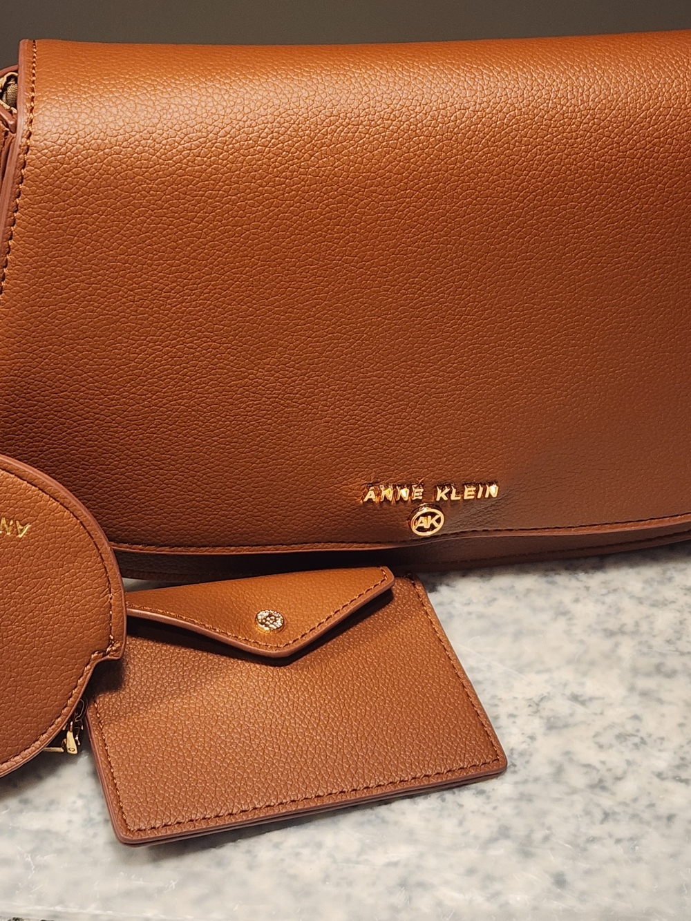 Anne Klein Cognac Pebbled Leather Crossbody with Card Holder Set